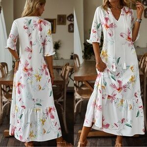 NWT Noracora White Floral Midi Half-Sleeve V-Neck Polyester Dress w/ Tassel XL